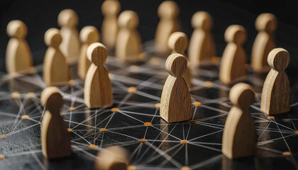 Wooden figures connected by lines representing a network or social connections