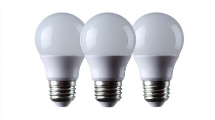 A row of three simple white light bulbs, unlit, isolated on a pure white background. Ideas, simplicity.