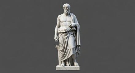A full-length classical sculpture of a bearded Greek philosopher in a toga, holding a scroll. A symbol of wisdom and knowledge.