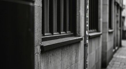 Monochrome exterior of stone building facade with barred windows in a narrow street setting.