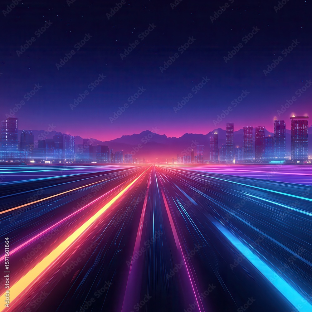 Poster a colorful neon highway with glowing lights and geometric shapes in the background, creating an atmo