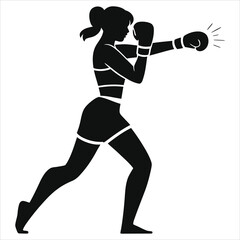 A female boxer in a powerful punching stance./A vector silhouette graphic of a woman in a boxing stance, mid-punch.