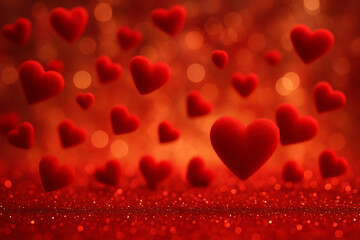Floating Red Hearts on a Glittery Red Background love