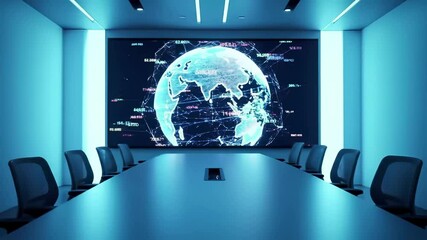 Modern corporate boardroom with interactive global network visualization display. Futuristic conference room featuring digital world map, data analytics dashboard, and connectivity graphics. - Powered by Adobe