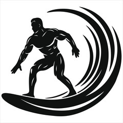 Powerful Surfer Vector Silhouette on a Majestic Wave/A strong, muscular surfer silhouette is depicted riding a wave in a dynamic pose.