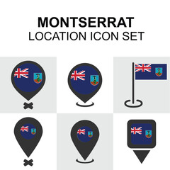 Location markers with the flag and symbols of Montserrat, ideal for Caribbean designs.