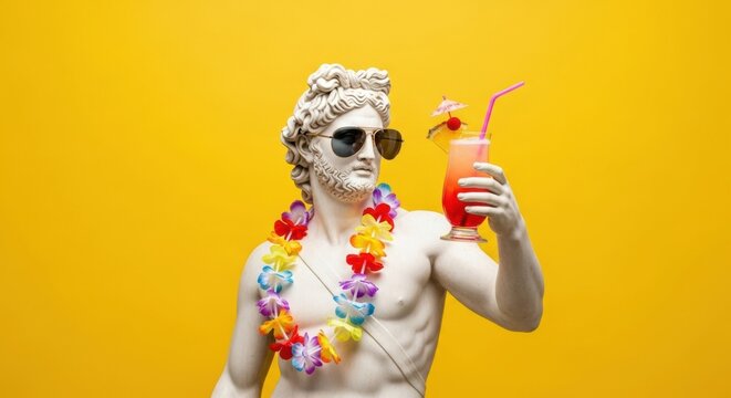 A fun and ironic image of a classical god statue enjoying a summer vacation with a Hawaiian lei, sunglasses, and a colorful cocktail.