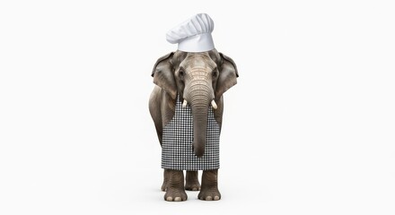 elephant dressed as a chef, wearing an apron and a tall chef&rsquo;s hat, standing upright on a white background with a friendly and professional expression