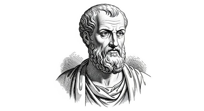 A black and white, engraving-style portrait of an ancient Greek philosopher like Aristotle or Plato. A historical illustration of a great thinker.