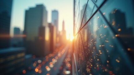 An abstract close-up of a skyscraper's curved glass facade, featuring city reflections and a soft lens flare bokeh.
