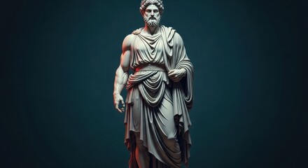 Obraz premium A dramatic full-body sculpture of a muscular Greek god or philosopher in a classic marble style, against a dark, moody background.