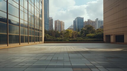 Fototapeta premium Modern office building or business center. High-rise window buildings made of glass reflect the clouds. empty street outside wall modernity civilization. growing up business
