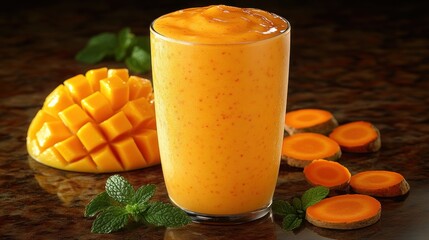 Mango, carrot, and turmeric smoothie in a glass
