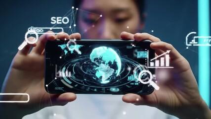 Augmented reality mobile technology with holographic earth projection. Smartphone displaying virtual global interface, digital analytics, and futuristic data visualization concepts for modern business - Powered by Adobe