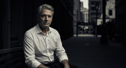 Pensive mature man in white shirt sits on bench in urban alley, captured with detailed clarity.