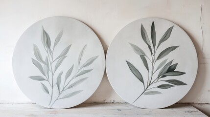 Monochromatic Leaf Artwork on Round Canvas Panels for Home Decor