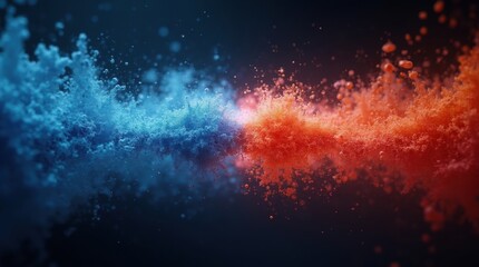 Fototapeta premium Abstract blue and red particle streams mix, representing HVAC cool and warm air circulation and temperature control. 