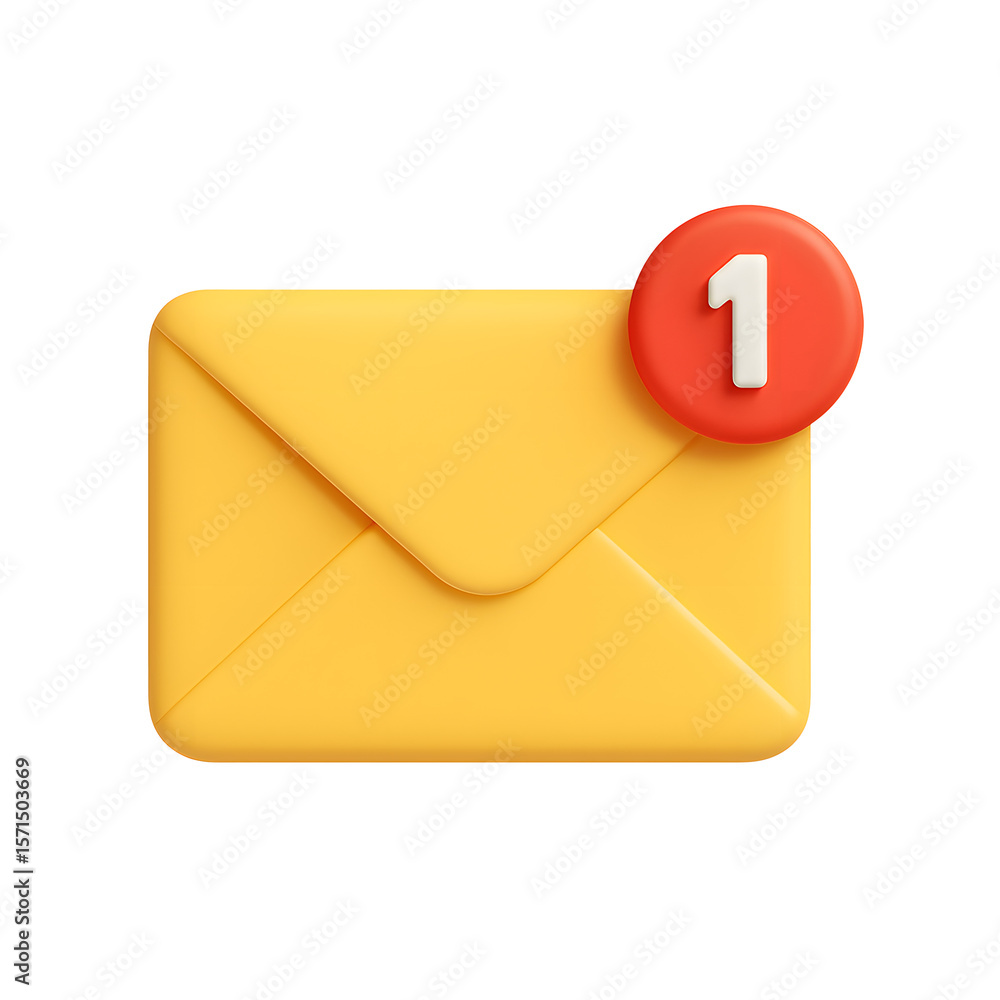 Poster 3d email notification icon, yellow envelope with red alert badge showing number one, isolated on tra