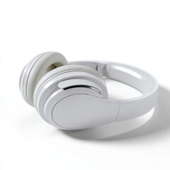 A set of generic white headphones, folded, isolated on a pure white background. Music, audio, technology.