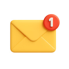 3D email notification icon, yellow envelope with red alert badge showing number one, isolated on transparent background