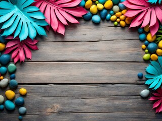 Obraz premium Tropical Flat Lay with Cyan and Pink Leaves and Colorful Pebbles