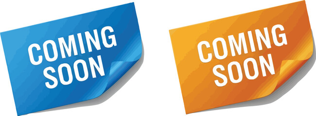 Two coming soon stickers in blue and orange on a plain white background
