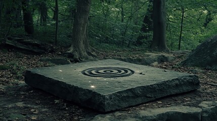 Mysterious Stone Platform with Spiral Pattern in Enchanted Forest