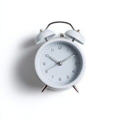 A small, white alarm clock without numbers minimalist design, isolated on a pure white background. Time, abstract.