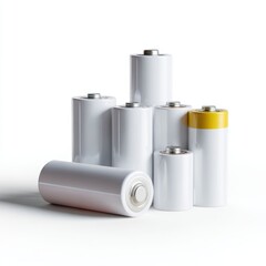 A collection of diverse-sized white batteries AA, AAA, isolated on a pure white background. Power, energy.