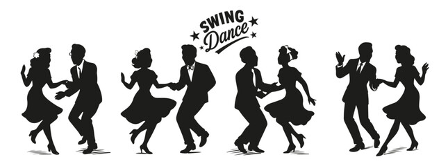 Swing Dance Silhouettes Set. Vector Clipart Collection of couples wearing retro clothes dancing swing.