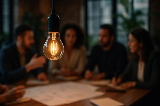 Illuminating Innovation: An old-fashioned lightbulb shines brightly above a diverse team brainstorming around a table, casting a warm glow on their collaborative spirit.