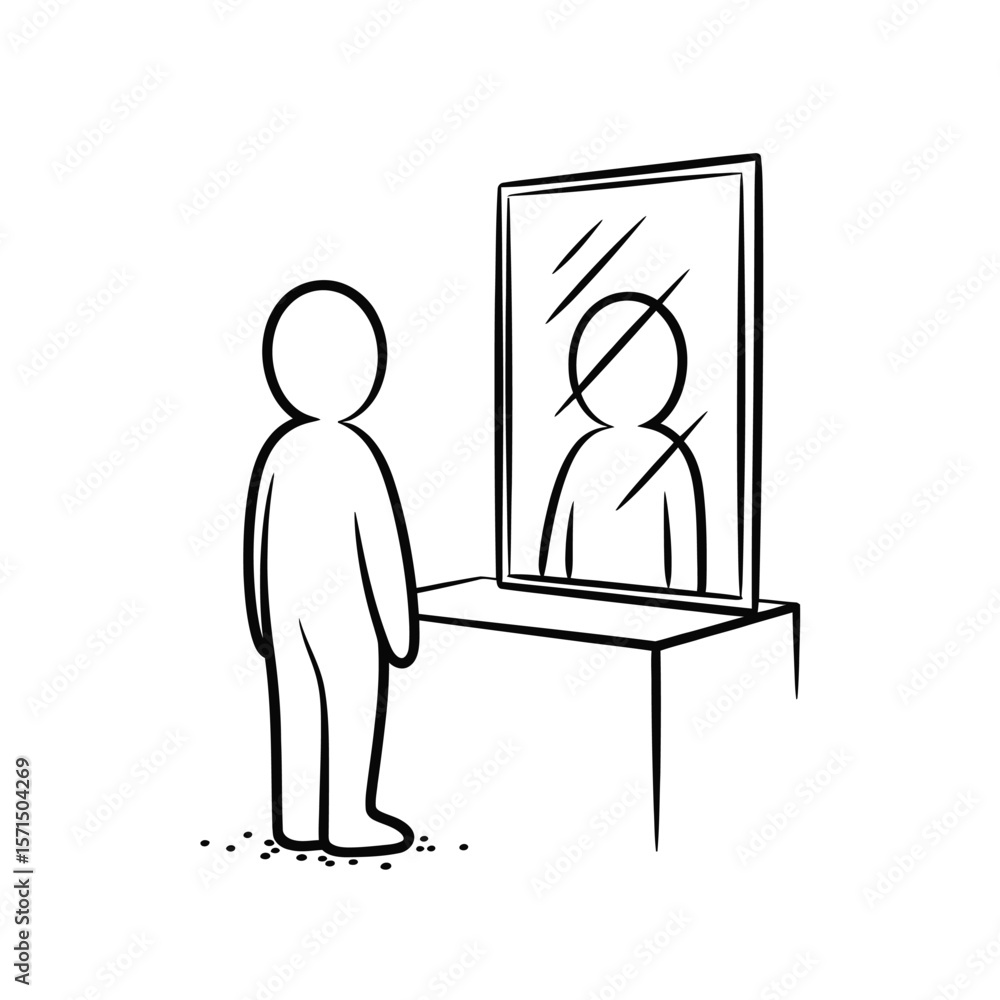 Poster simple stick figure looking at reflection in mirror on table