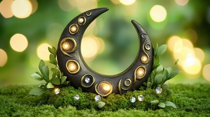 Mystical Moon Sculpture with Stones and Greenery on Soft Background