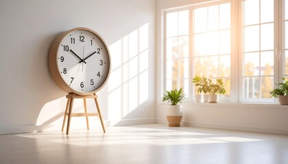Clock on stand in bright, sunny room