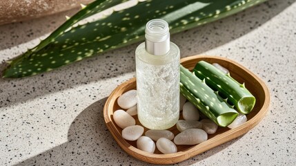 Natural Aloe Vera Gel in Clear Bottle on Wooden Tray with Stones