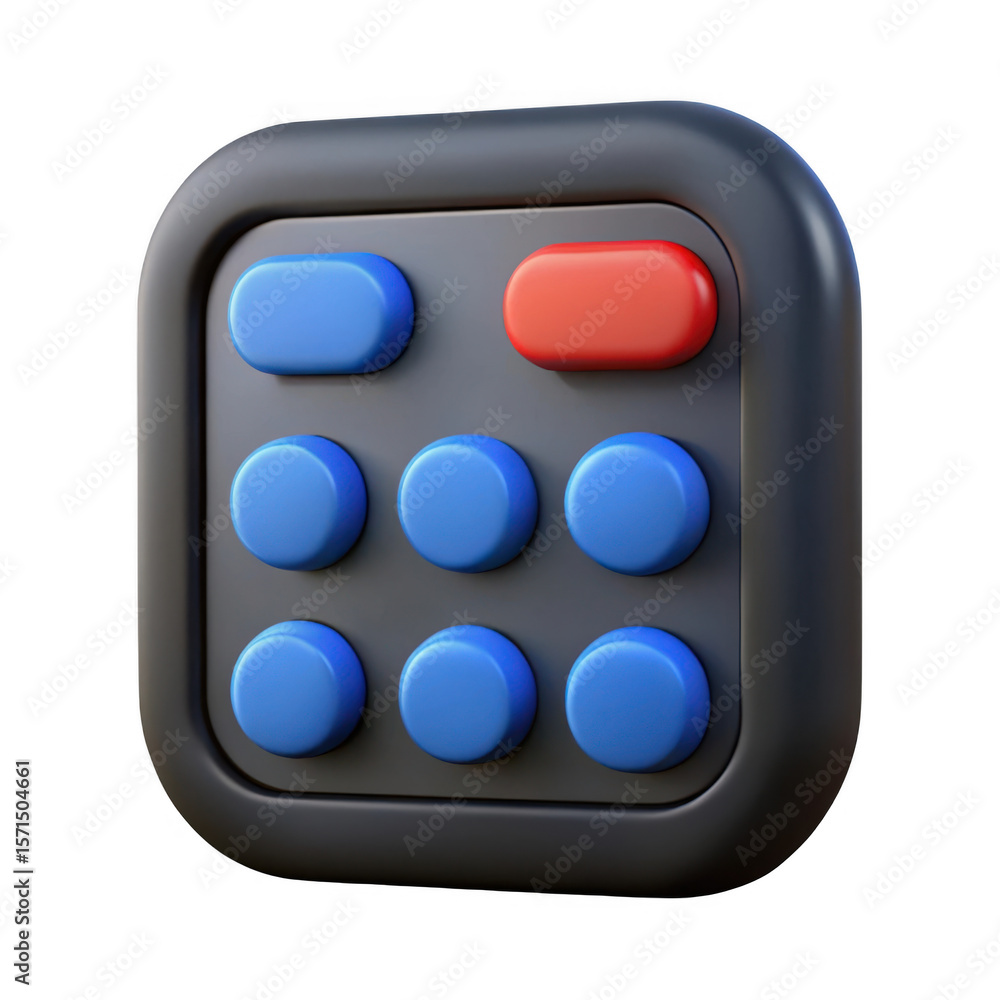 Poster 3d rendering of a black device with blue and red buttons isolated on transparent background