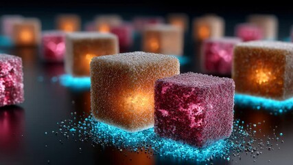 An abstract composition of glowing sugar cubes in red, orange and yellow tones, surrounded by blue particles - Powered by Adobe
