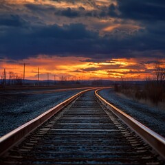 Obraz premium Railroad Tracks Vanishing into Sunset Light.