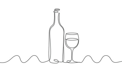 Elegant Wine Bottle and Glass Continuous Line Drawing Illustration