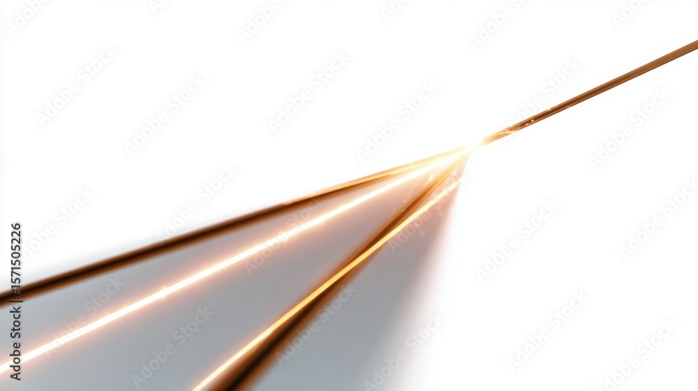 Poster three distinct, glowing lines converging into a single point, isolated on a pure white background. c