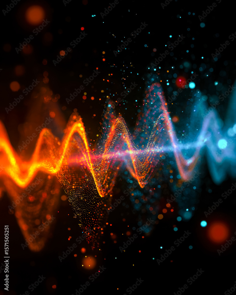 Poster vibrant digital sound wave visualization with glowing particles and dynamic colors