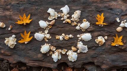 Natural Art Creation with Shells and Leaves on Wooden Surface