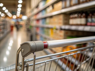 Shopping cart handle metal close up supermarket aisle grocery store blurred shelves retail shopping consumer indoor convenience modern choice product lifestyle commerce food purchase market aisle