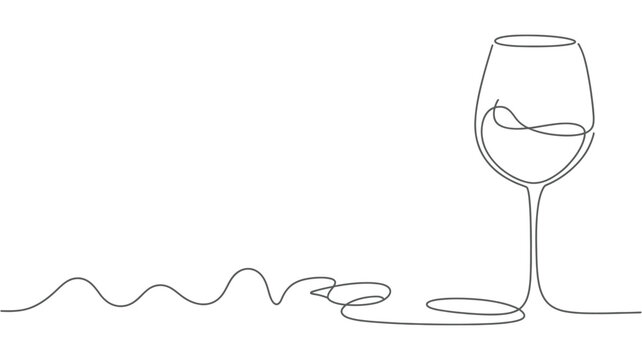Minimalist single line drawing of a wine glass with liquid and wavy line