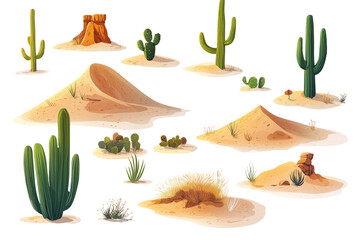 arid desert landscape features including sand dunes, cacti and dry,