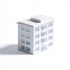 A simple white apartment building icon or 3D model, isolated on a pure white background. Real estate, urban living.