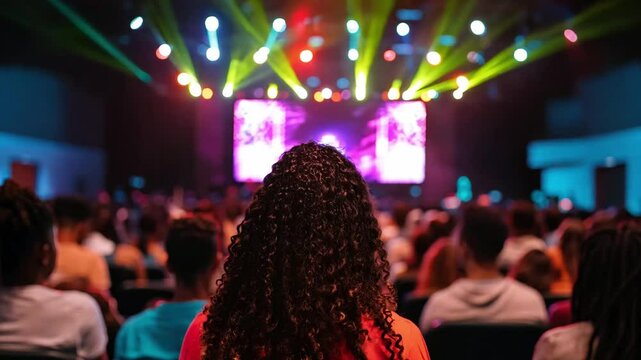 A woman sits in the crowd, watching by a vibrant presentation on screens at an engaging event in a packed auditorium