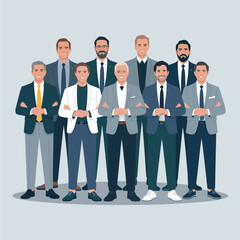 Obraz premium Group of Nine Men in Suits Standing with Arms Crossed on Light Gray Background