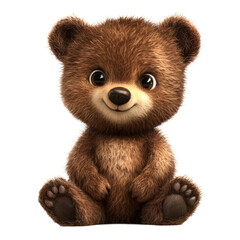 fluffy bear cub with big ears and soft fur, sitting on a white background
