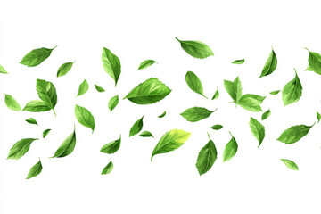 Fresh mint leaves flying in mid-air, vibrant green color, detailed texture, isolated on a white background